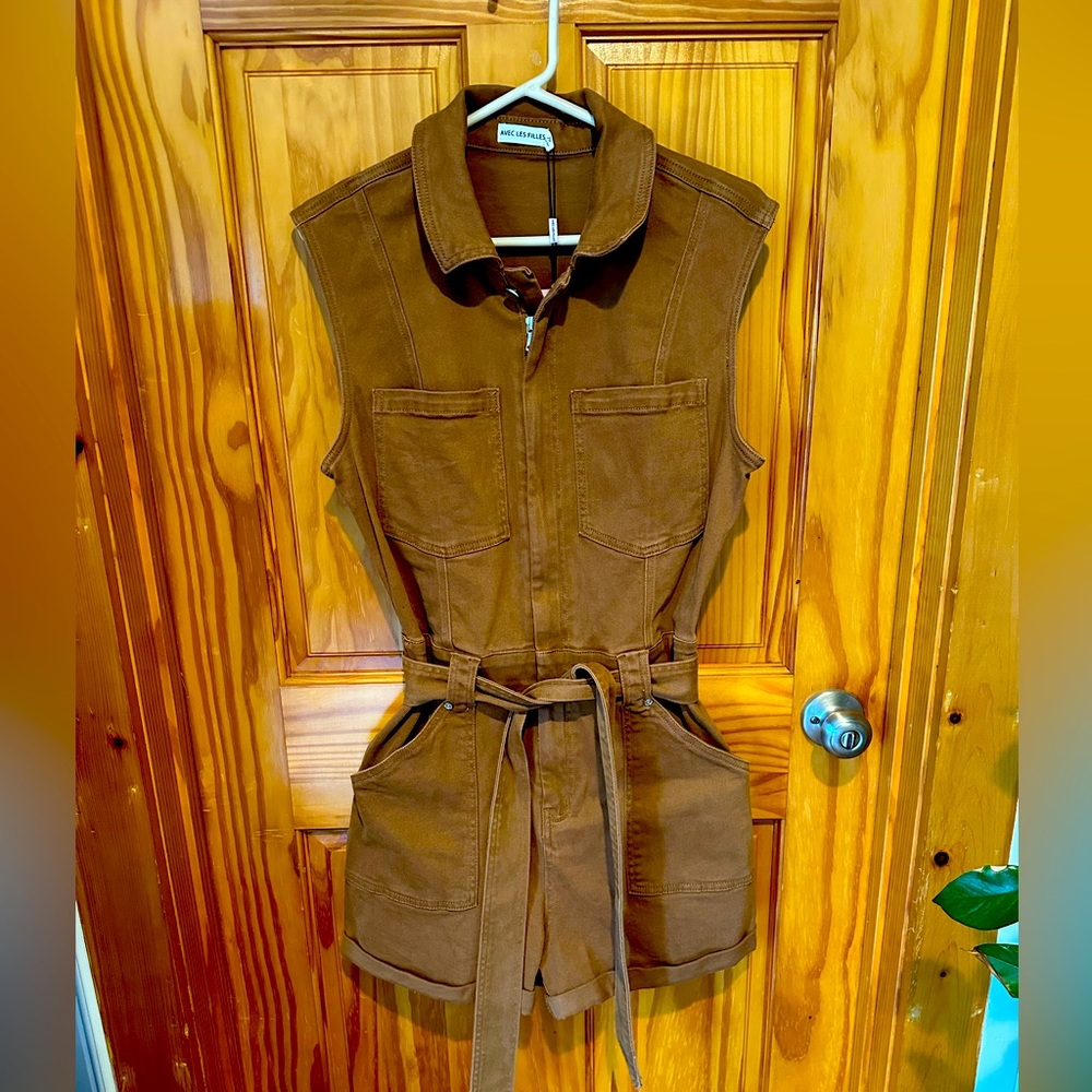 NWT Avec Les Files Brown Sleeveless Utility Jumpsuit - Picture 2 of 14